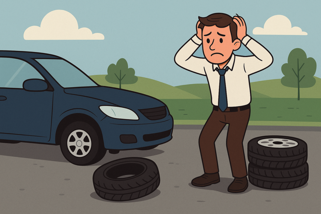 Guy with tires with no jack