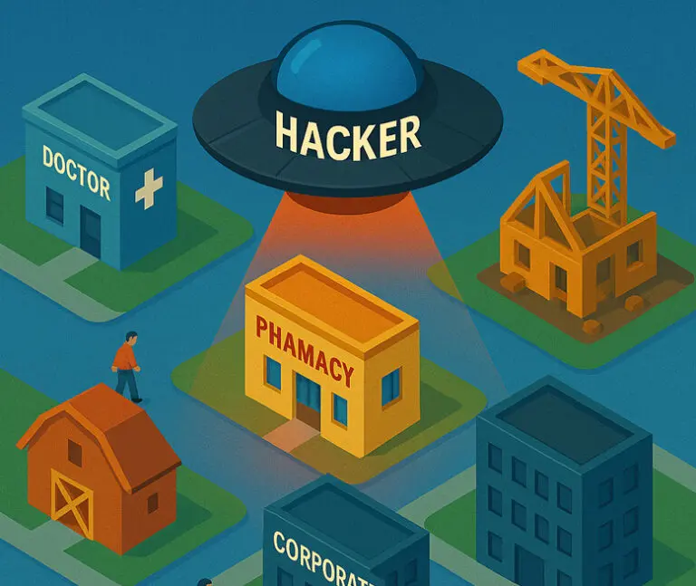 a UFO titled Hacker, that is hovering over different businesses. A pharmacy, a construction site, a farm, a doctor.