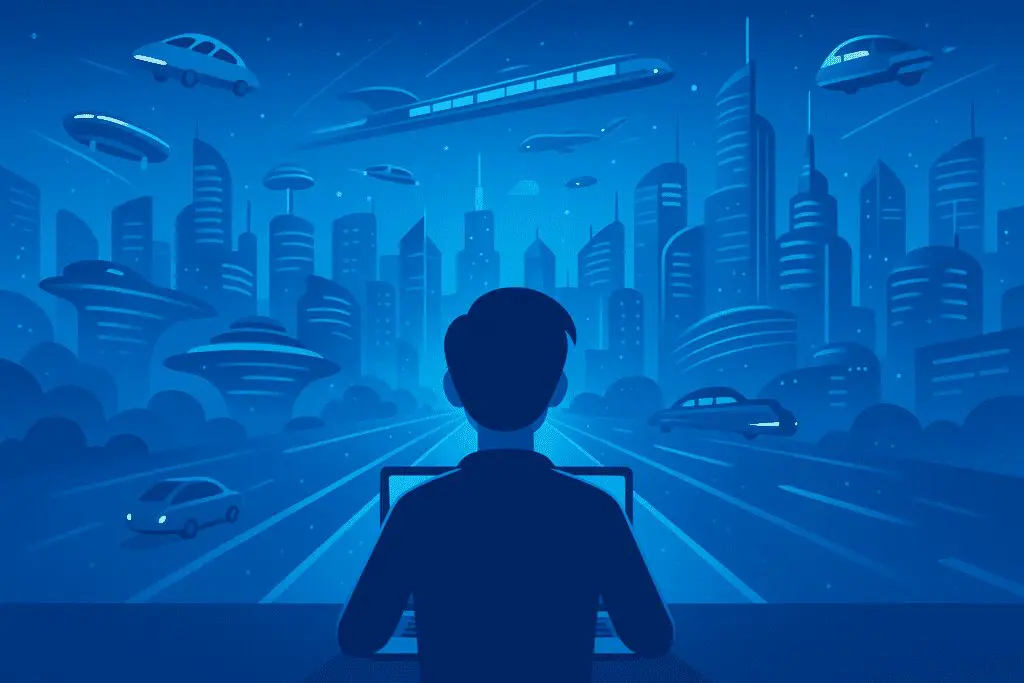 man sitting at a computer in a futuristic society