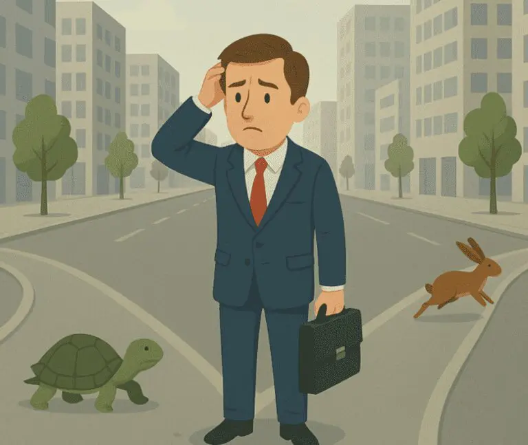 a business man confused on which direction to take in a city street. There is also a tortoise and hare.