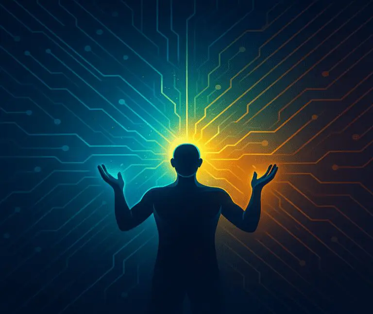 A shadow of a person harnessing the power of ai and technology. There is a blue and orange glow behind the person