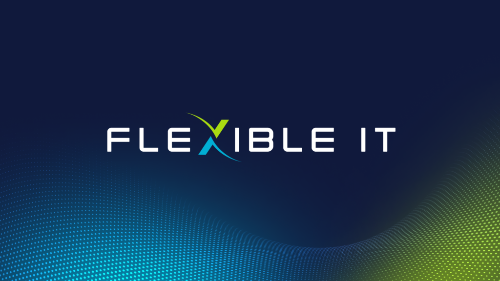 The image displays the text "FLEXIBLE IT" on a dark blue background with curved, dotted blue and green wave patterns at the bottom.