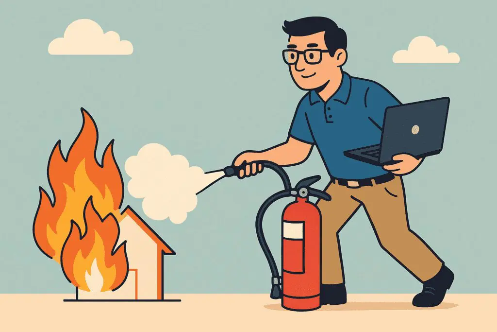 A man holding a laptop uses a fire extinguisher to put out flames on a burning house illustration.