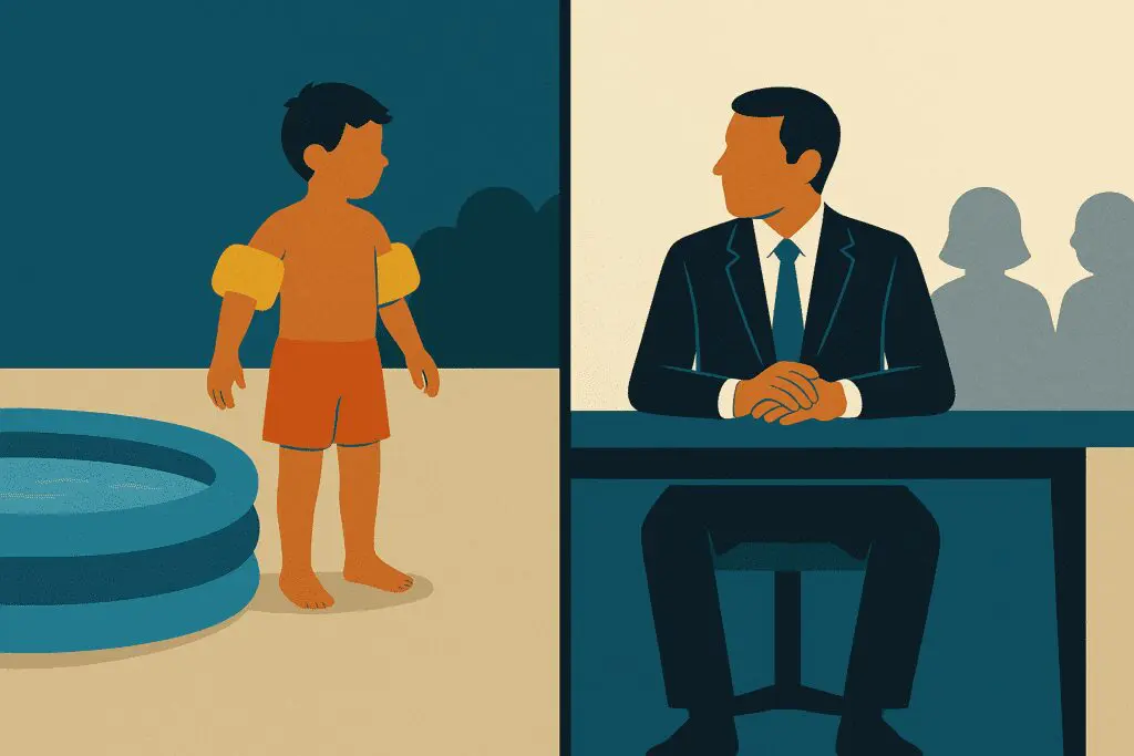 Kid at a pool and guy at a desk