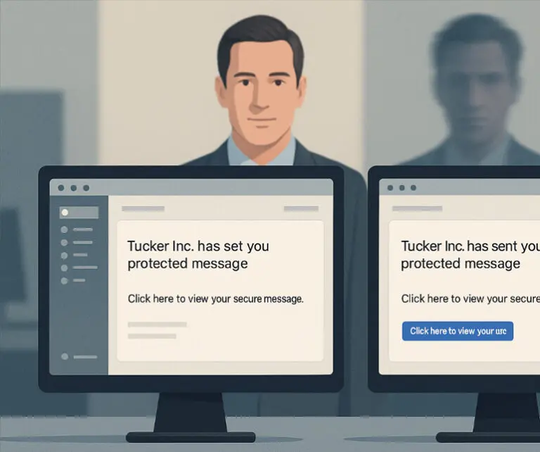 A man in a suit stands behind two computer monitors displaying secure message notifications from Tucker Inc.