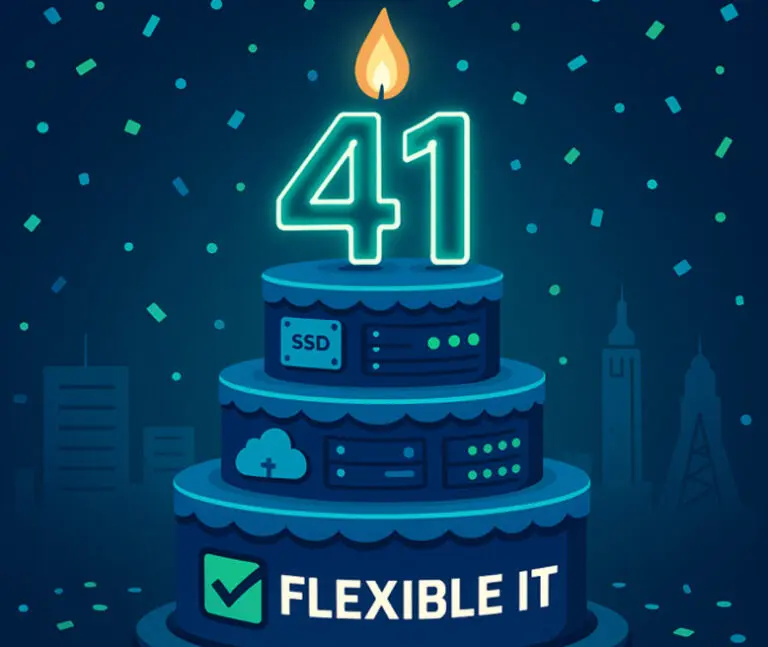 Illustration of a three-tier cake with a candle shaped like the number 41, tech icons, confetti, and the words "FLEXIBLE IT" on the cake, set against a cityscape background.