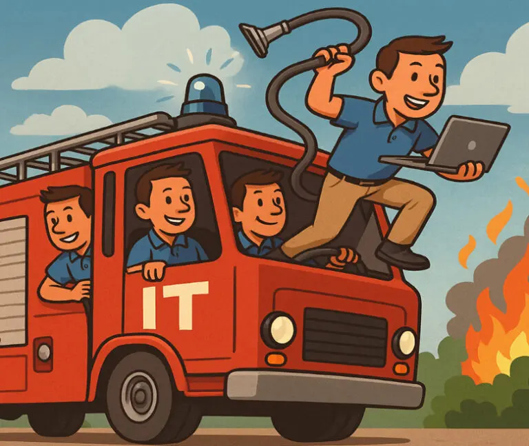 Cartoon of an IT team in a fire truck labeled "IT"; one person holds a laptop and a hose, rushing toward a fire in the background.