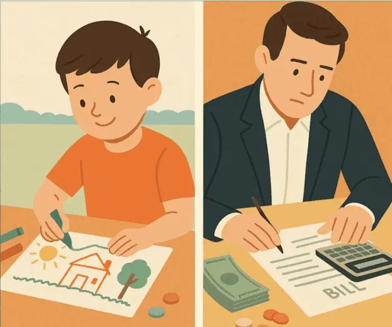 Split image: On the left, a boy draws a house and sun with crayons; on the right, a man in a suit calculates a bill with a calculator and cash on the table.