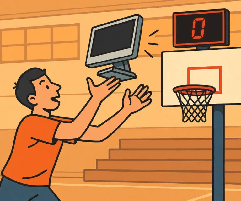 A person in a gym throws a computer monitor toward a basketball hoop; the scoreboard displays zero points.