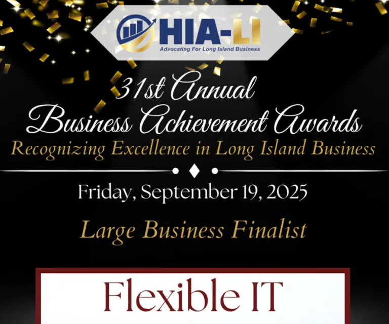 A promotional graphic for HIA-LI’s 31st Annual Business Achievement Awards on September 19, 2025, featuring Flexible IT as a Large Business Finalist.