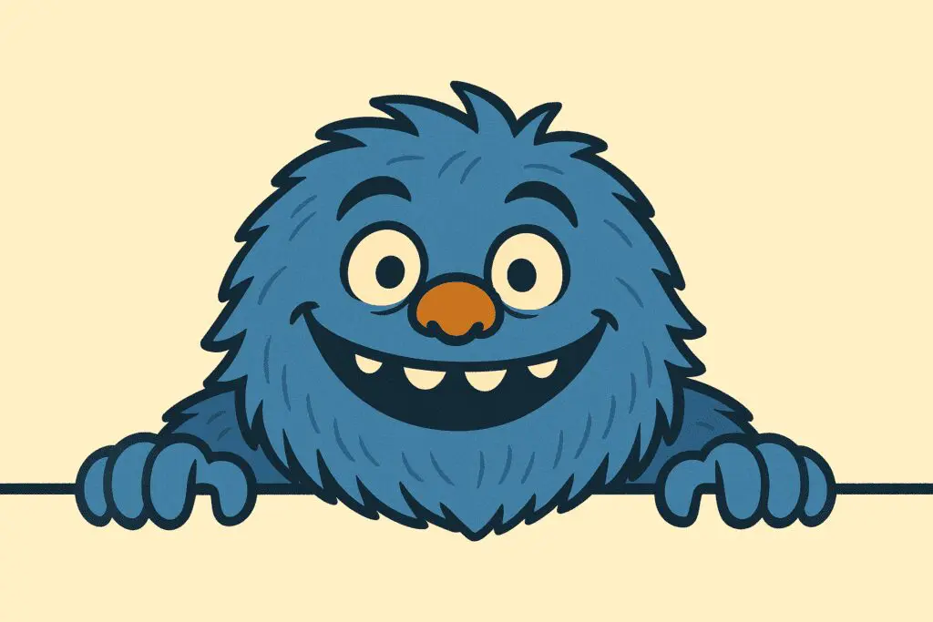 A blue, furry cartoon monster with a big smile, round eyes, and an orange nose peeks over a horizontal line against a beige background.