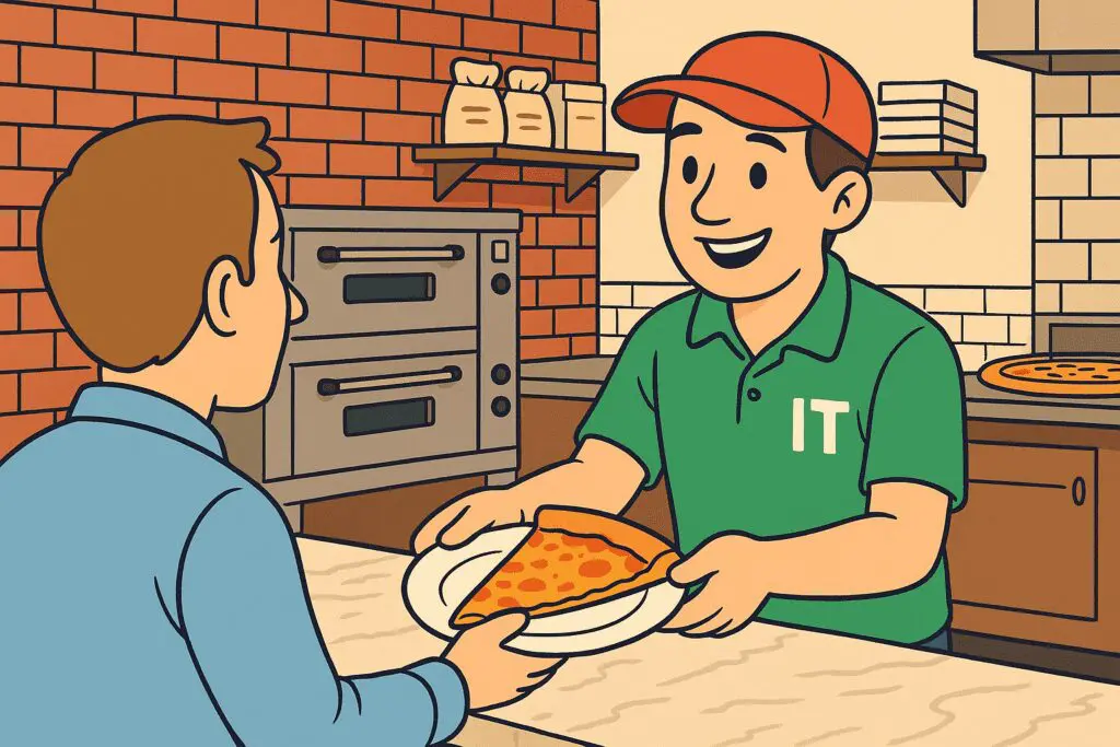 A man in a green shirt and red cap hands a slice of pizza on a plate to a customer at a counter in a pizzeria.