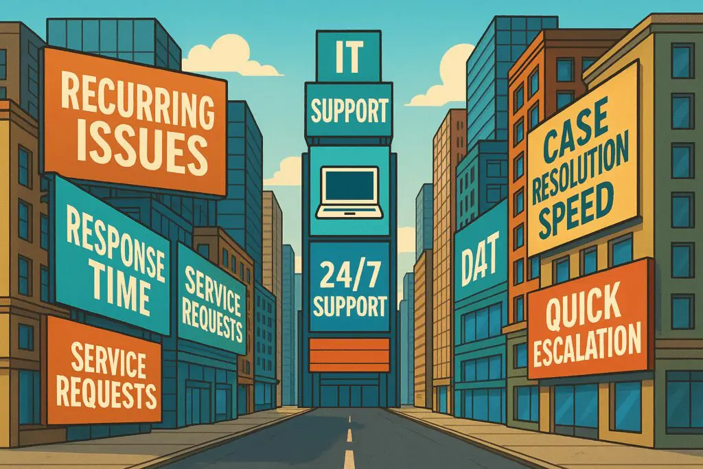 Colorful illustrated cityscape with large signs on buildings displaying IT support-related terms such as “Recurring Issues,” “24/7 Support,” “Case Resolution Speed,” and “Quick Escalation.”.