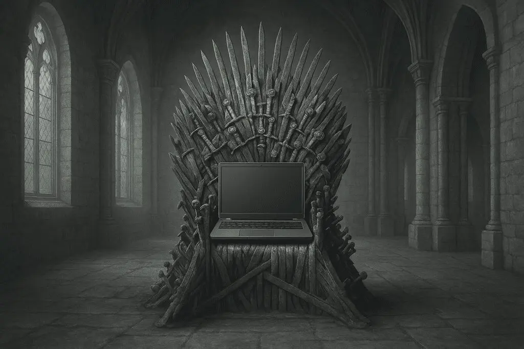 A laptop is placed on a throne made of swords, set in a grand stone hall with arched windows and pillars.