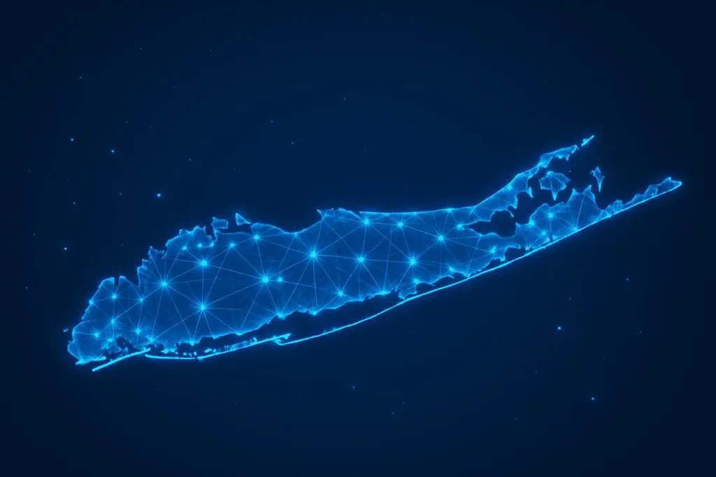 A digital, glowing outline of Long Island, New York, features a network of connected nodes on a dark blue background.