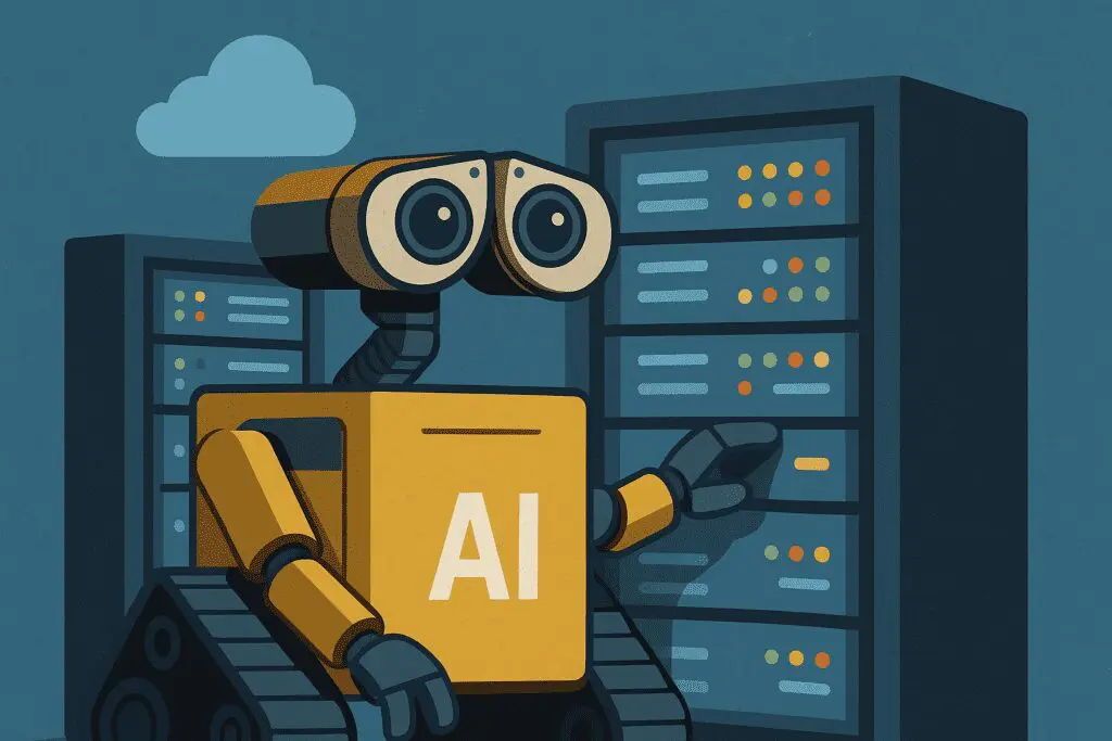 Illustration of a yellow robot labeled "AI" interacting with a server rack, with a cloud in the background, symbolizing artificial intelligence and data processing.