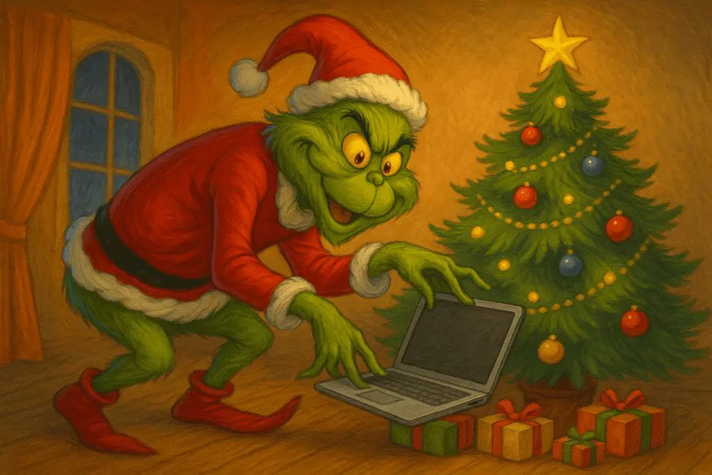 A character dressed as the Grinch in a Santa costume uses a laptop next to a decorated Christmas tree with presents underneath.