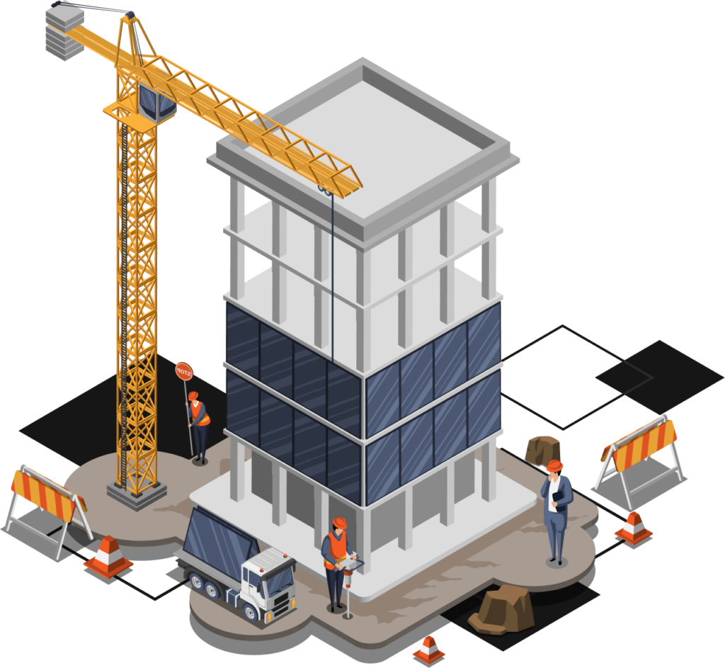 Illustration of a construction site with a crane, partially built multi-story building, construction workers, barriers, and equipment.