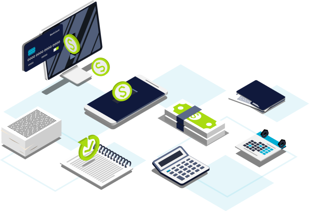 Isometric illustration of financial tools including a computer, credit card, cash, notebook, calculator, smartphone, and documents, representing business or accounting tasks.