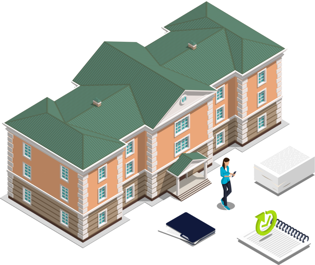 Illustration of a large, brick building with a green roof, a person standing outside using a tablet, and office supplies like a binder, notebook, and a file box nearby.