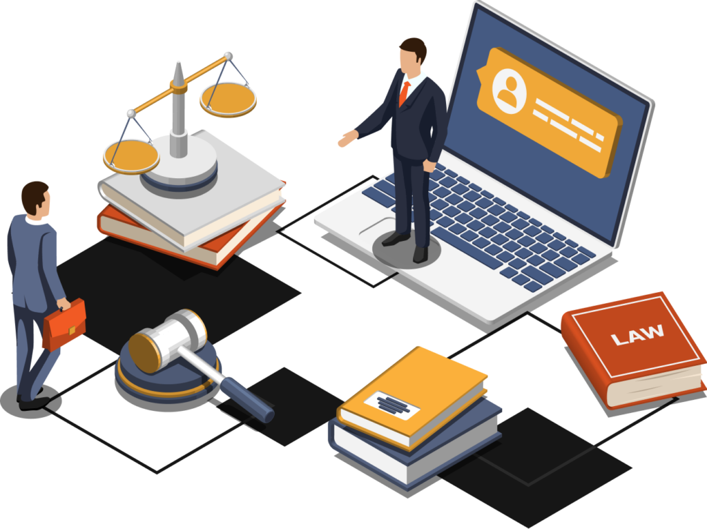 Illustration of legal concepts with a person on a laptop, law books, scales of justice, a gavel, and a briefcase, representing legal or judicial processes.