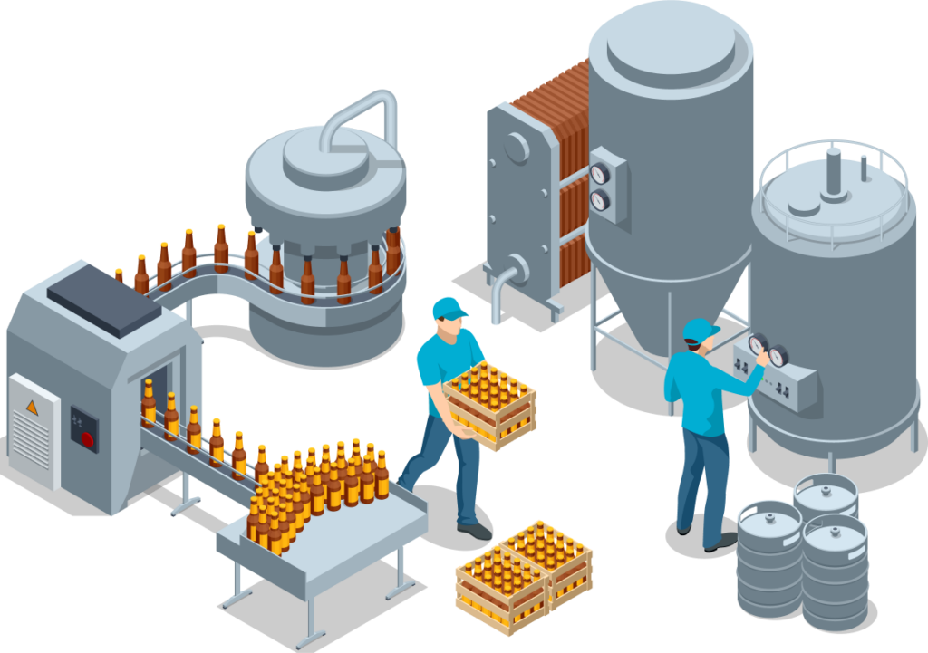 Illustration of a brewery with machinery, bottled beverages on a conveyor, and two workers handling crates and monitoring equipment.