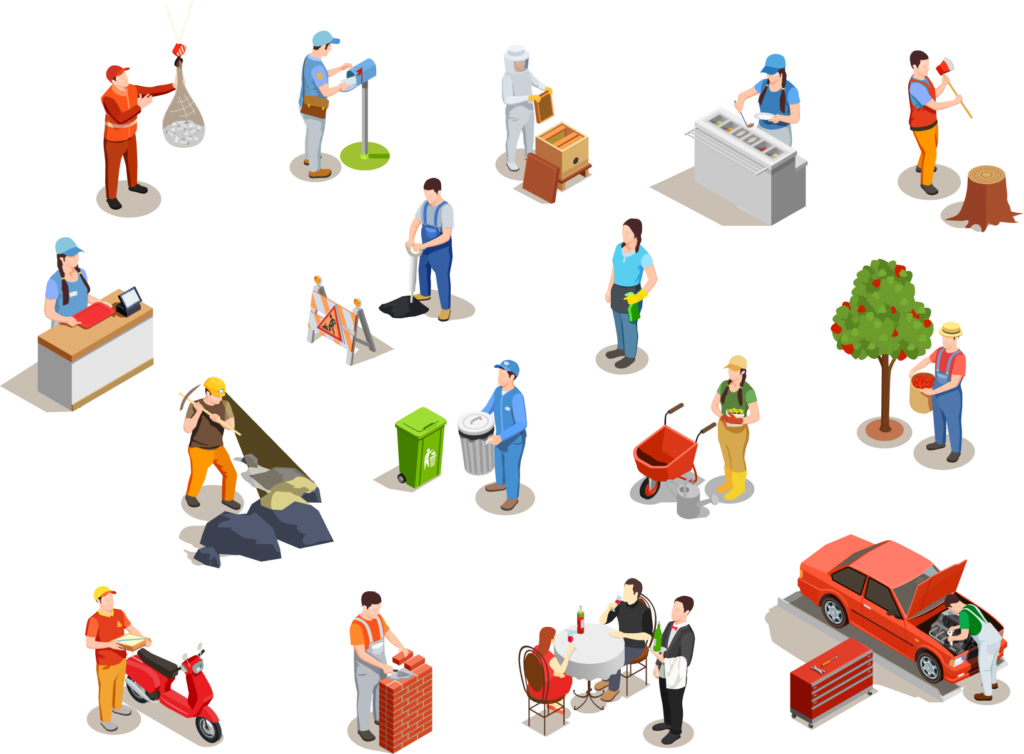 Isometric illustration showing various people performing different jobs, including construction, retail, food service, gardening, cleaning, delivery, and auto repair.