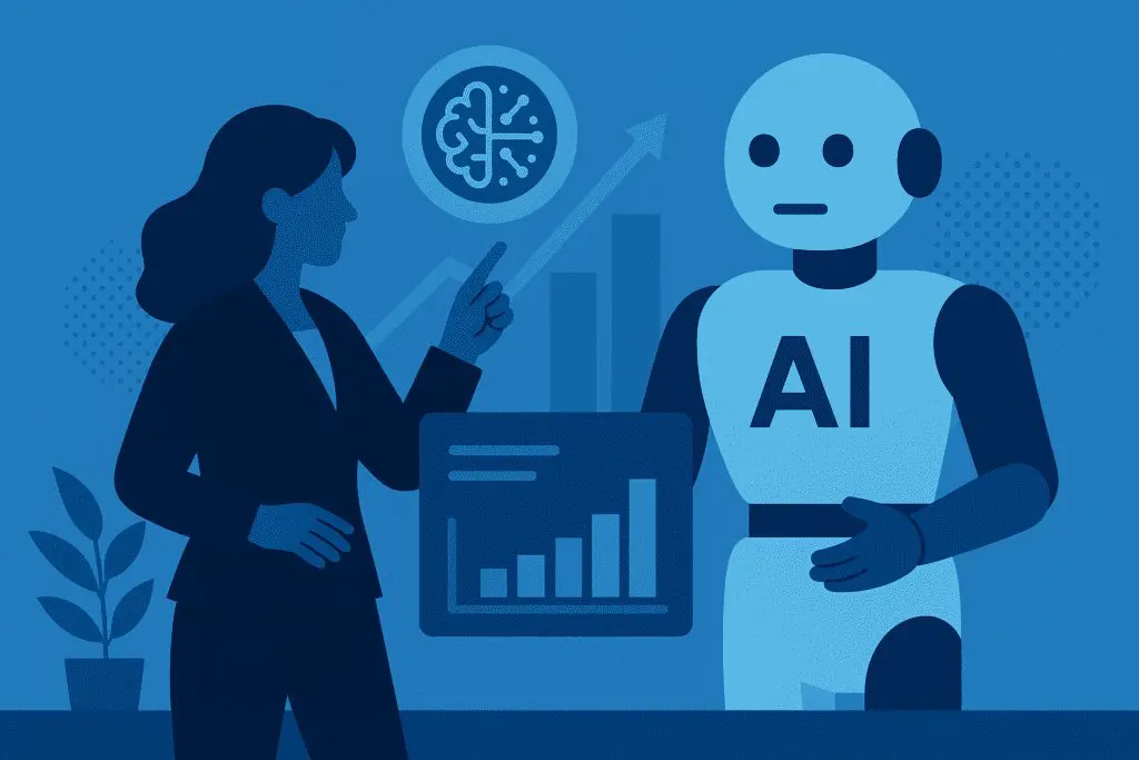A woman in business attire points at a rising graph near a robot labeled "AI," with a brain icon and bar charts in the background.