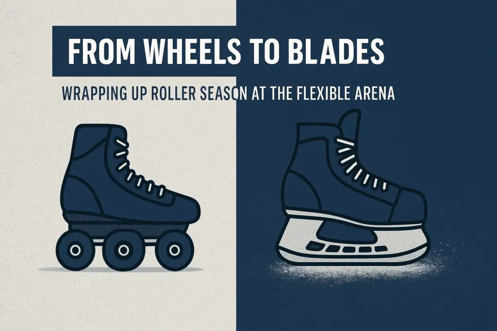 Illustration of a roller skate and an ice skate side by side, with text: "From Wheels to Blades. Wrapping up roller season at the Flexible Arena.