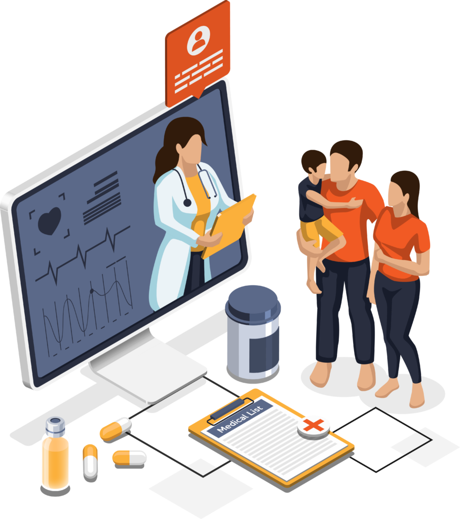 A family consults a doctor via telemedicine on a computer screen, with medical documents, pills, and a prescription bottle shown nearby.