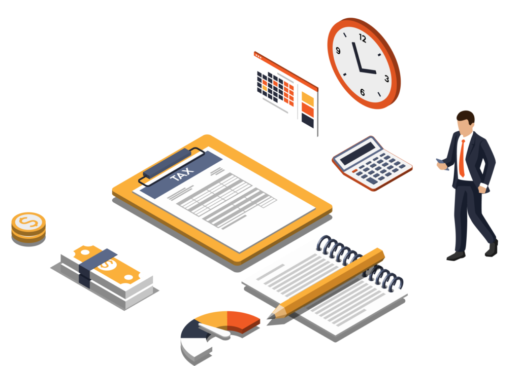 Isometric illustration of tax preparation with a tax form on a clipboard, calculator, clock, calendar, money, notebook, pencil, and a person in business attire.
