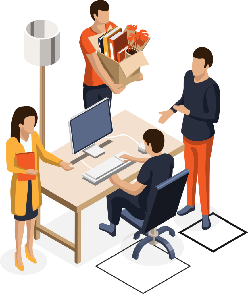 Four people in an office; one is unpacking a box of items, another is seated at a computer, while two others stand nearby, one holding a folder and the other gesturing.