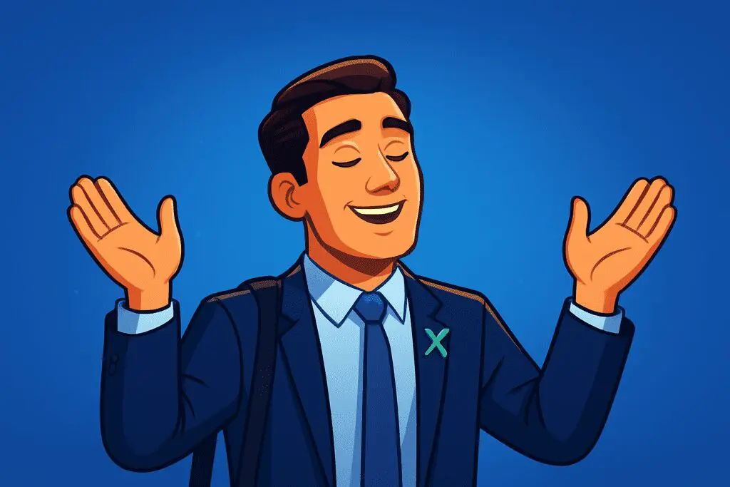 An animated businessman in a suit with a teal awareness ribbon, smiling with eyes closed and hands raised against a blue background.