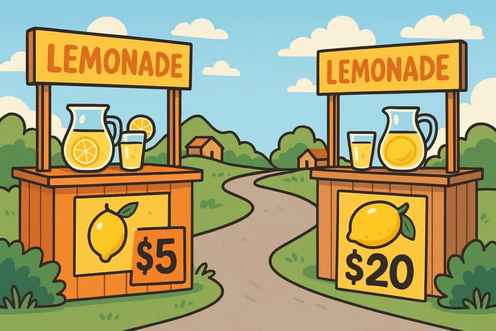 Two lemonade stands on opposite sides of a road; one sells lemonade for $5, the other for $20. Both have pitchers, glasses, and lemon signs.