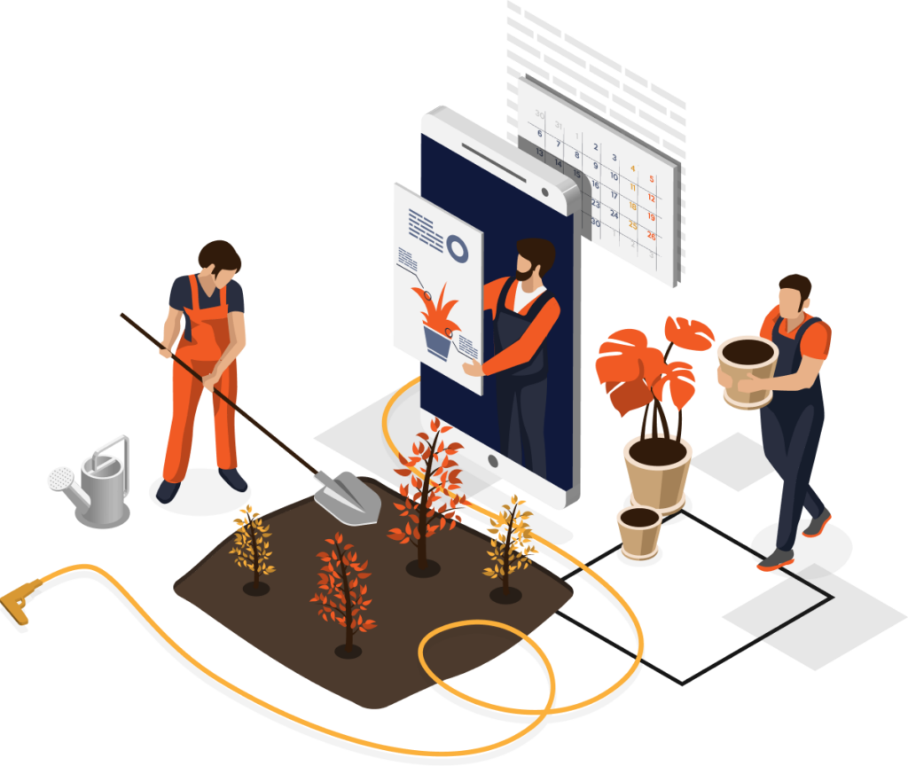 Two people tending to plants, with one watering and another carrying a pot. A large smartphone displays gardening instructions next to them, and a hose and watering can are visible.