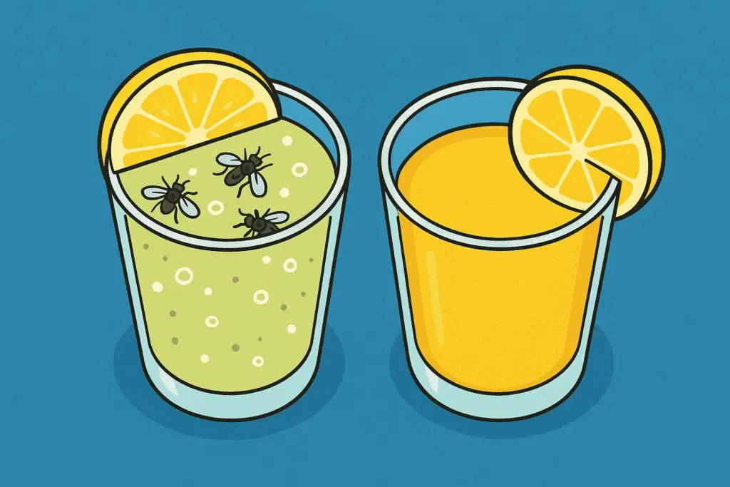 Two glasses of juice with lemon slices; the green juice on the left has flies in it, while the yellow juice on the right is clean.