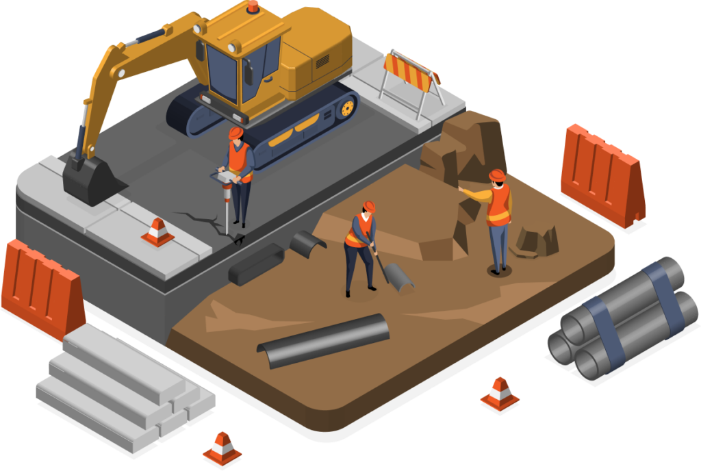 Three construction workers in safety vests and helmets work on a road site with a backhoe, pipes, concrete barriers, and safety cones.