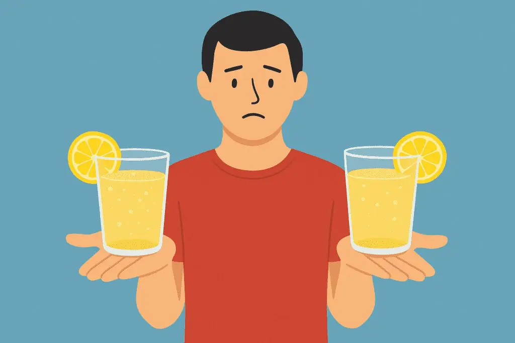 Illustration of a man in a red shirt holding a glass of lemonade in each hand, both garnished with lemon slices, and appearing uncertain or confused.