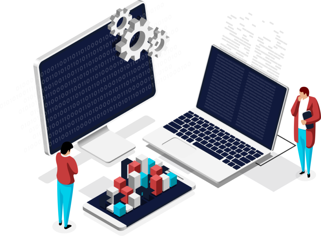 Two people stand near large digital devices displaying binary code, gears, and data blocks, illustrating concepts of computing, programming, and data analysis.