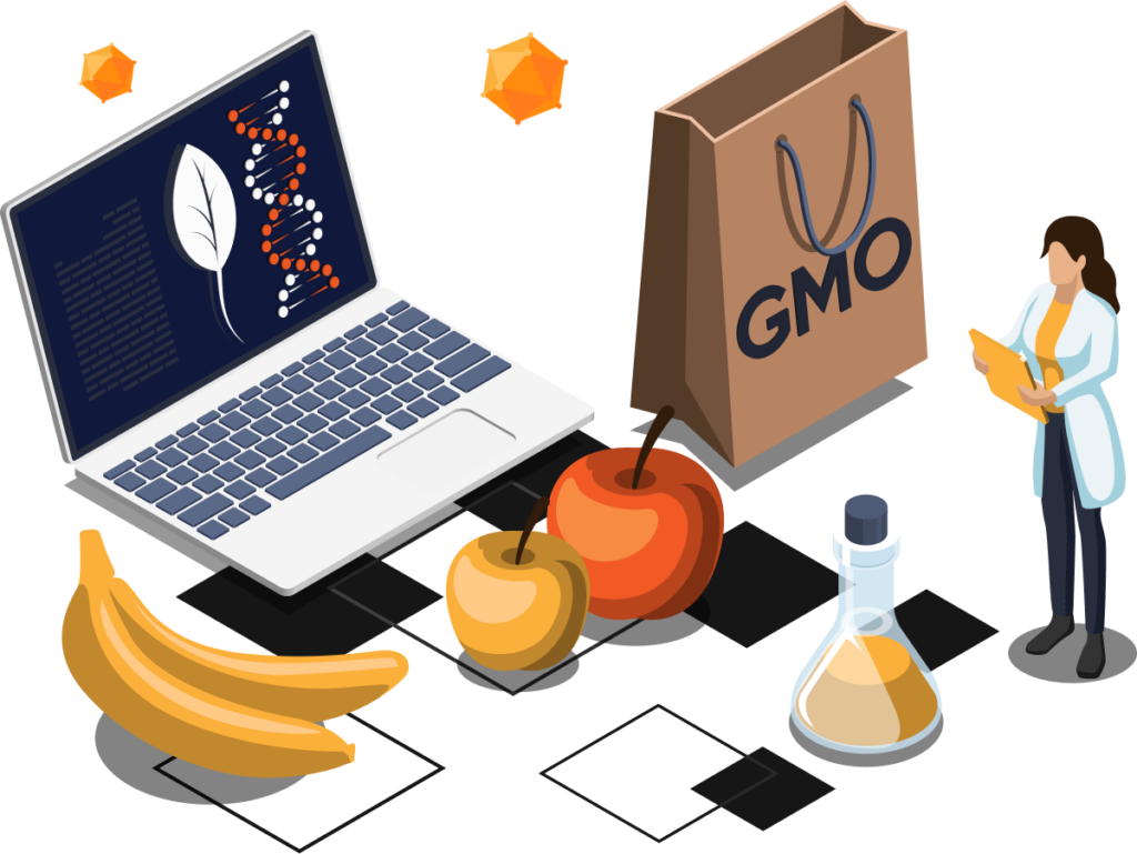 Illustration of a lab scene with a laptop displaying DNA data, bananas, apples, a beaker, a GMO-labeled bag, and a scientist holding a clipboard.