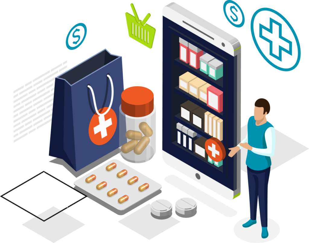 Illustration of online pharmacy concept with a person standing by a large smartphone displaying medicine shelves, a shopping bag, pill bottle, blister pack, and tablets.