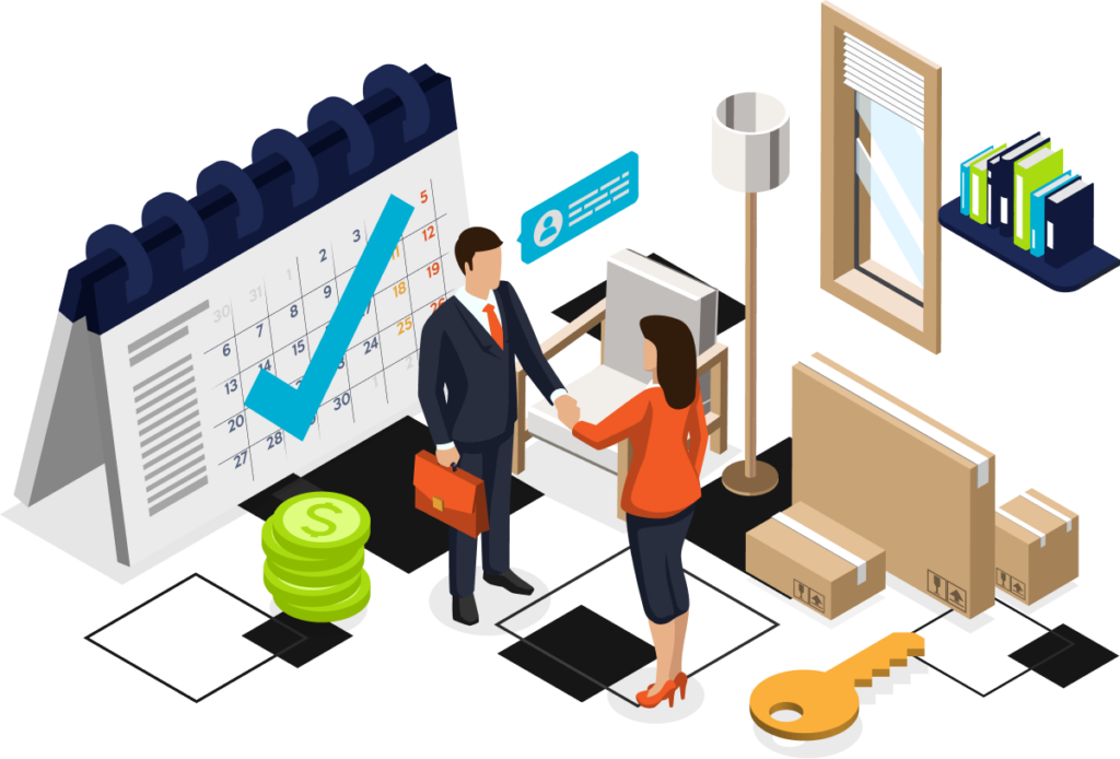 Isometric illustration of two business people shaking hands in an office with a calendar, stacks of money, boxes, a key, and office furniture around them.