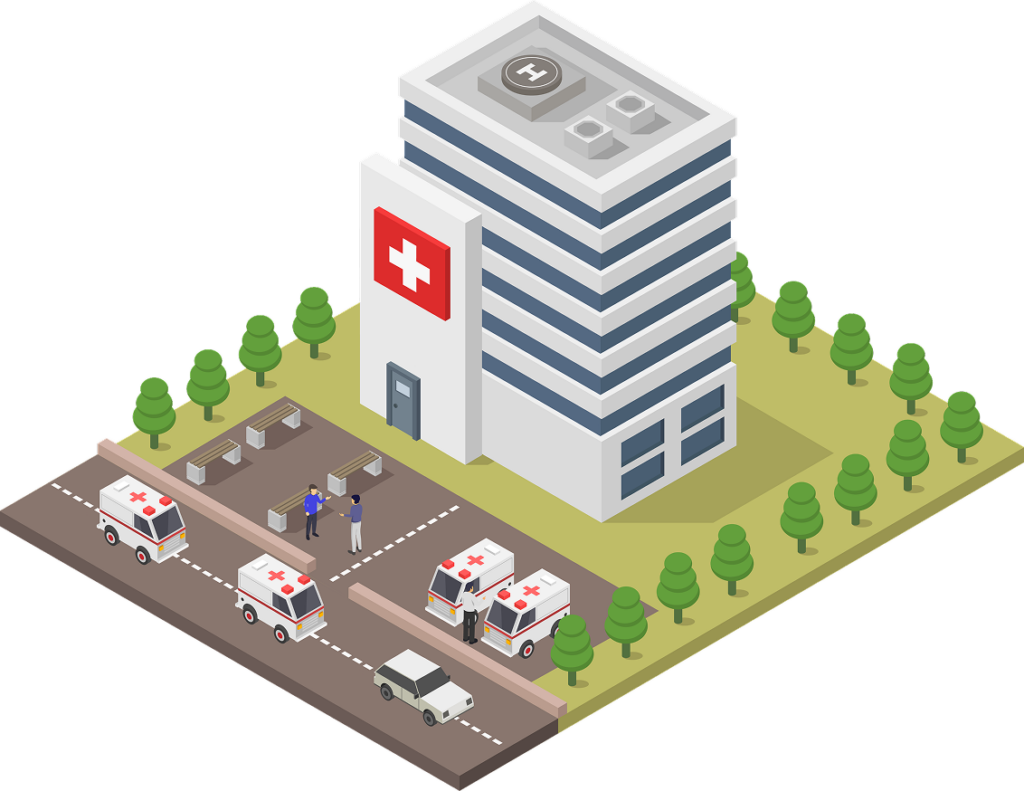 Isometric illustration of a hospital building with a red cross, three ambulances, a car, people outside, trees, and benches in the surrounding area.