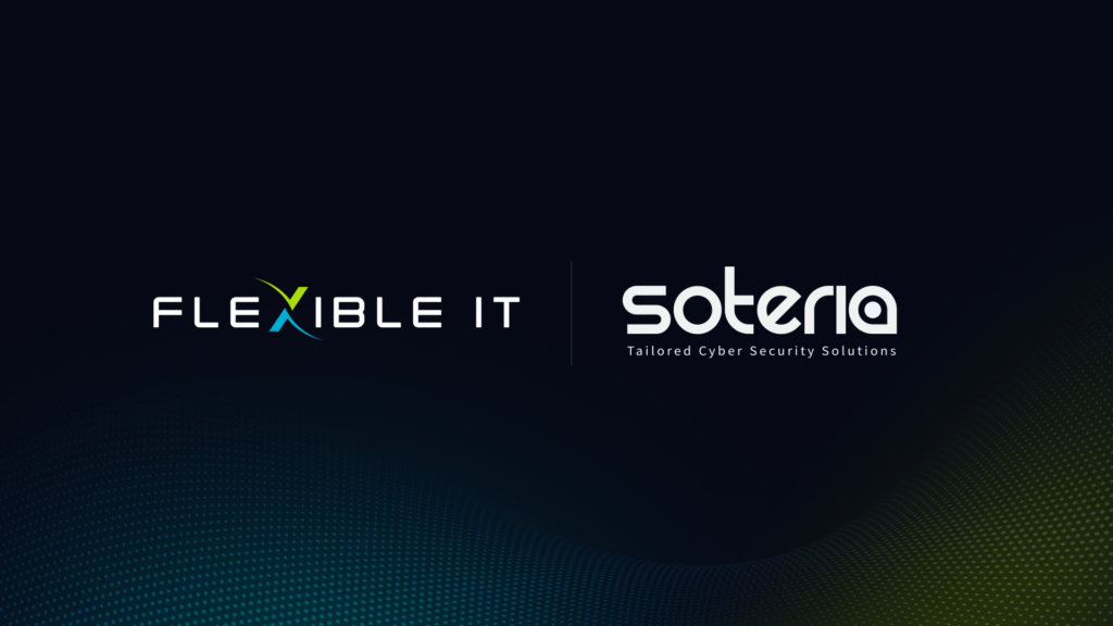Logos of "Flexible IT" and "Soteria Tailored Cyber Security Solutions" on a dark background with a subtle dotted design.