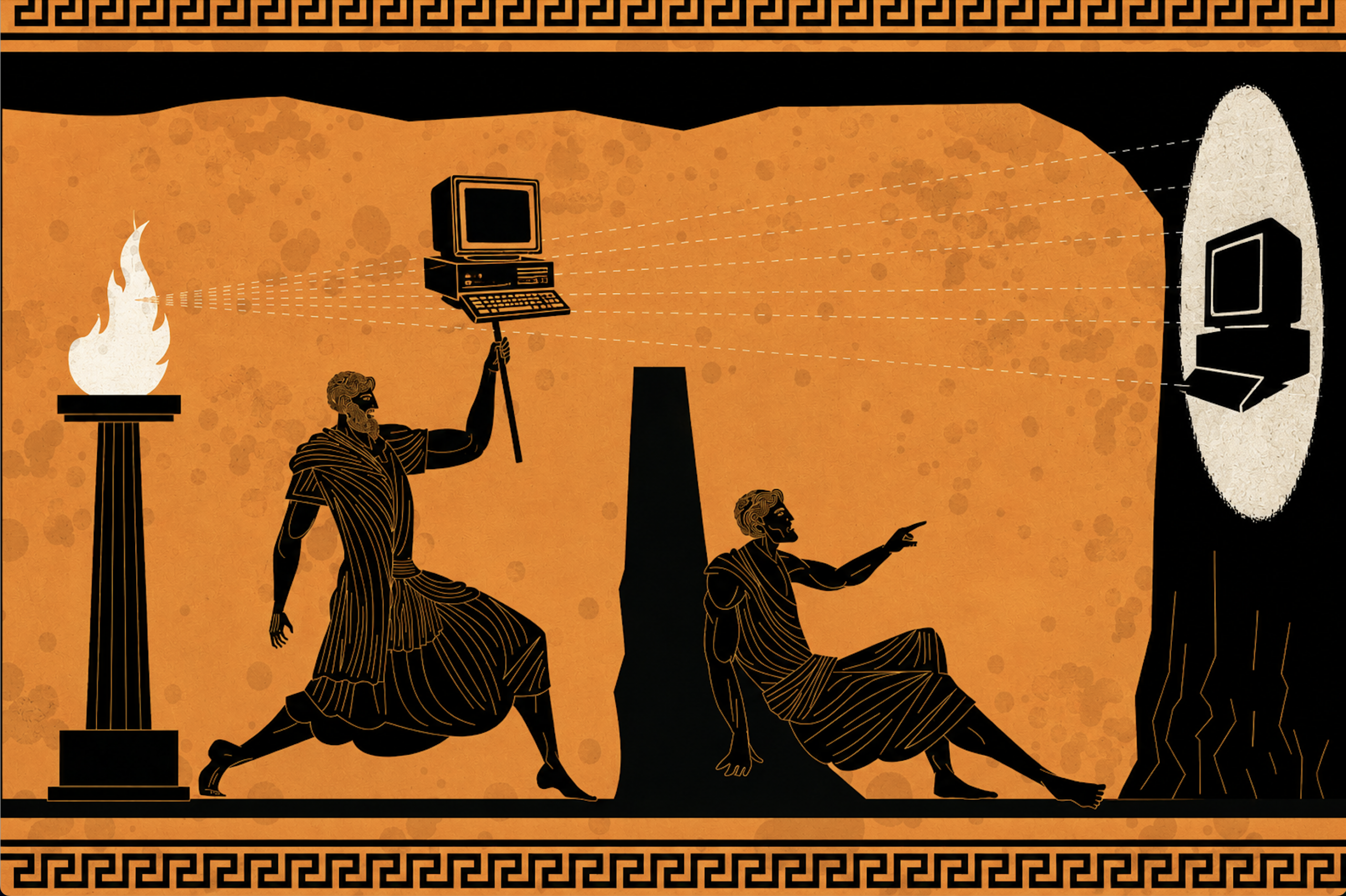 Ancient Greek pottery style illustration of a figure holding a computer in front of a fire, casting a shadow on a cave wall for a seated prisoner.