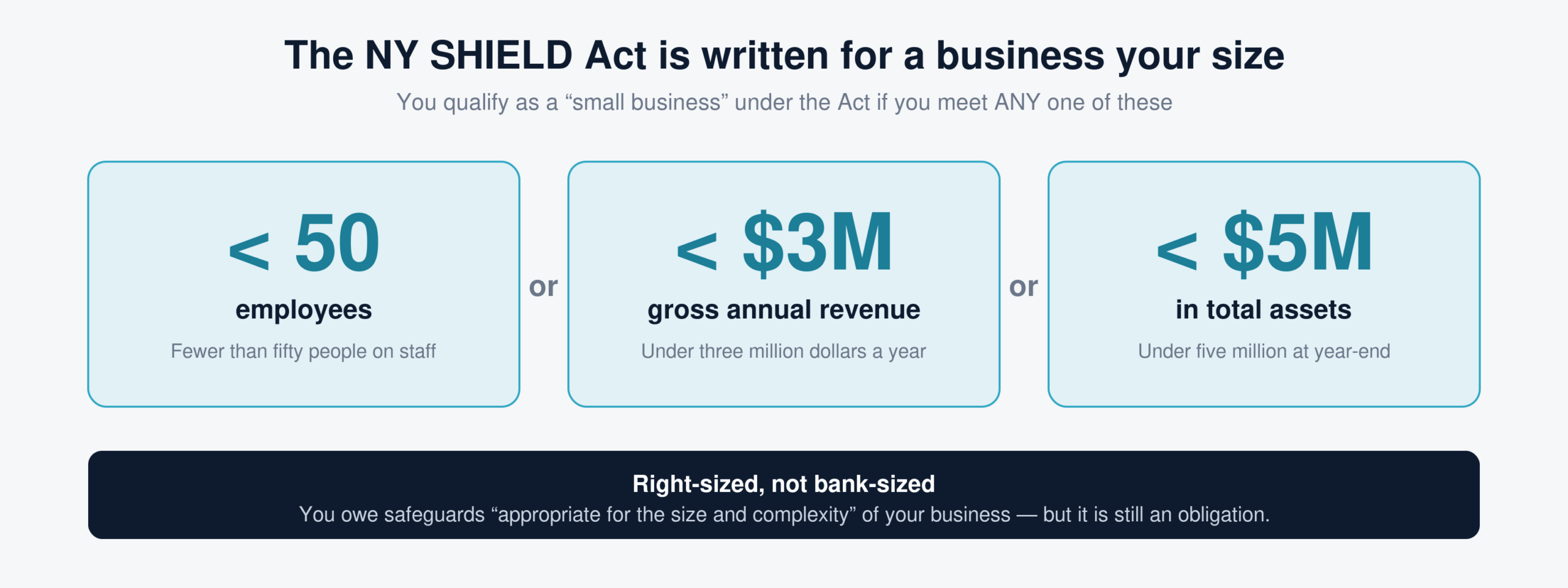 NY SHIELD Act small-business thresholds: fewer than 50 employees, under 3 million dollars in revenue, or under 5 million in assets