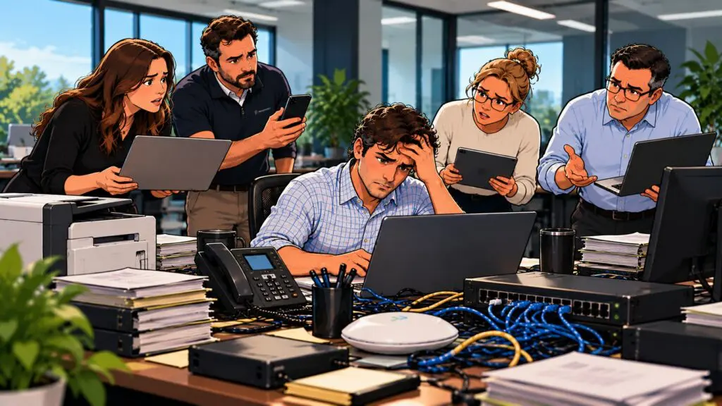 Coworkers crowding around one stressed employee with laptops, a phone and a tablet while he struggles with tangled cables, a printer and network equipment
