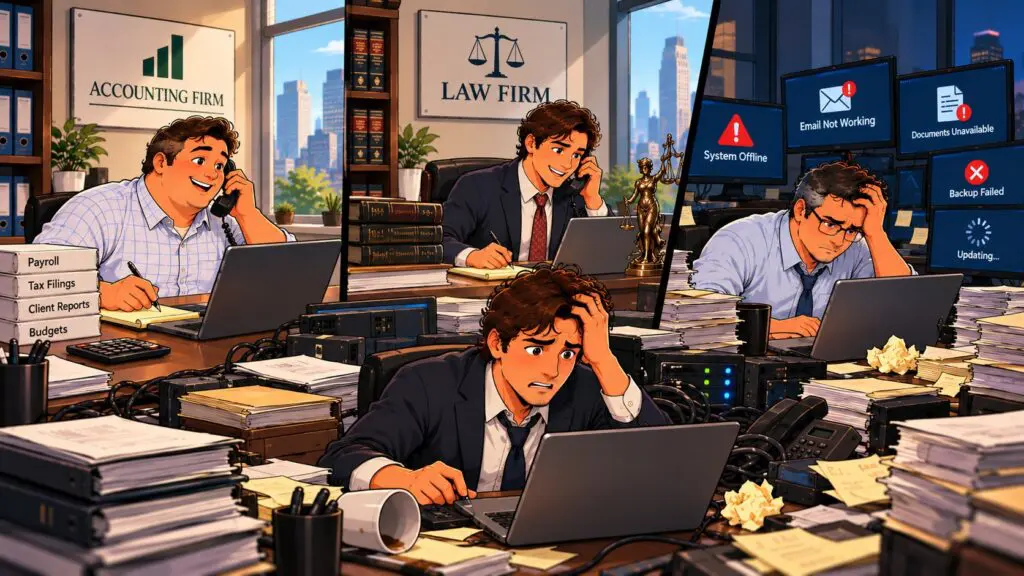An accountant and a paralegal happily on calls, while two coworkers sit buried in paperwork, cables and error screens