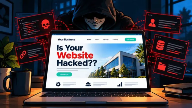 Laptop showing a normal business website while a hooded hacker hides behind it with hidden files, links, and data around the screen