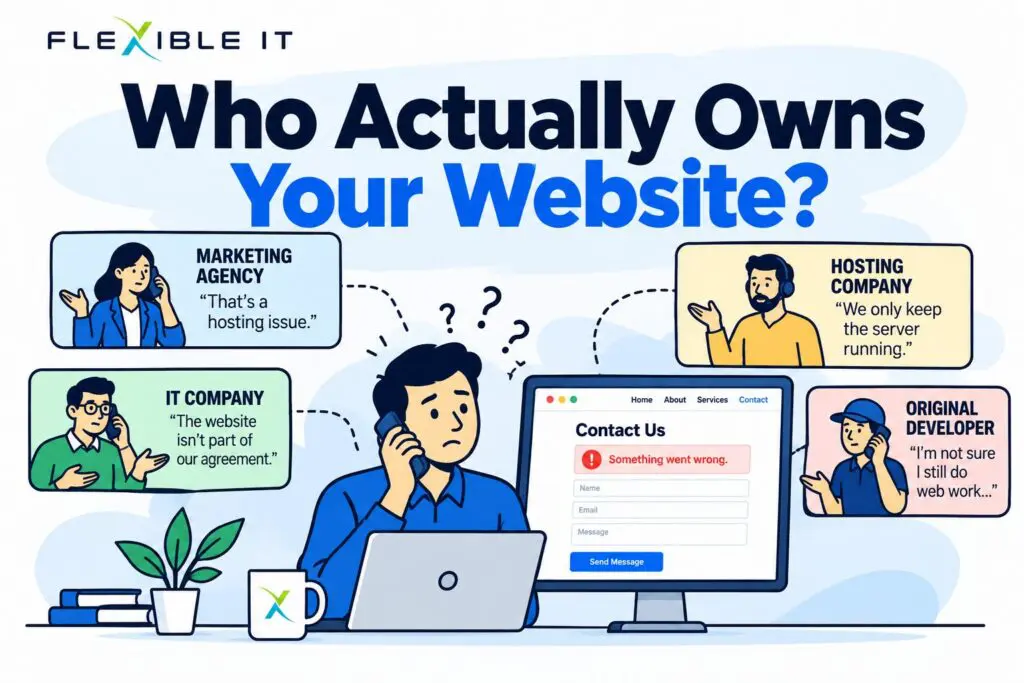 A business owner on the phone surrounded by his marketing agency, hosting company, IT company and original developer, each saying the broken contact form is not their problem